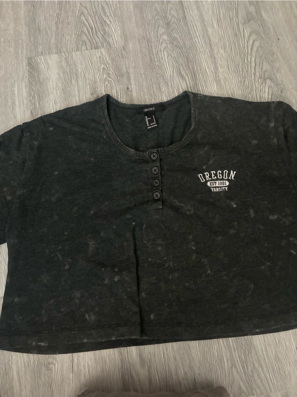 Forever 21 Black Cropped Henley with 'Oregon' Print